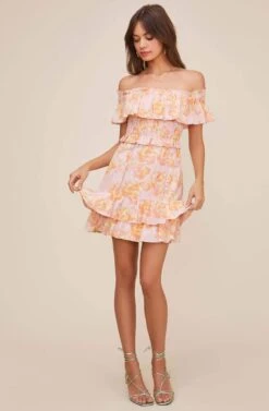 Riviera Floral Off Shoulder Dress -Astr The Label Shop ACDR100602 PINK PAPAYA FLORAL 1