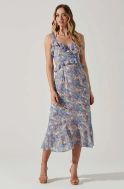 Wildflower Ruffle Cutout Midi Dress -Astr The Label Shop ACDR100906 PURPLEBLUEFLORAL 1