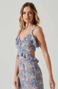 Wildflower Ruffle Cutout Midi Dress -Astr The Label Shop ACDR100906 PURPLEBLUEFLORAL 3