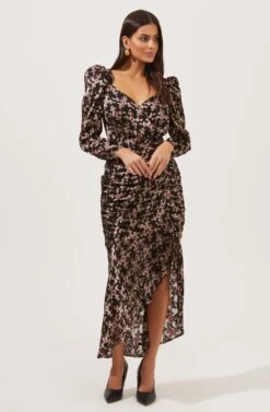 Emmaline Floral Puff Sleeve Cutout Midi Dress -Astr The Label Shop ACDR100966 BLACK PINKBURNOUTFLORAL 1