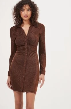 Ambel Metallic Ruched Button Down Mini Dress -Astr The Label Shop ACDR101026 COPPER 2