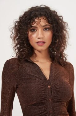 Ambel Metallic Ruched Button Down Mini Dress -Astr The Label Shop ACDR101026 COPPER 3