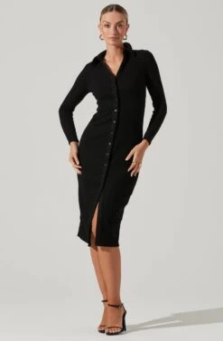Bransbury Ribbed Knit Button Down Cutout Midi Dress -Astr The Label Shop ACDR101054 BLACK 2