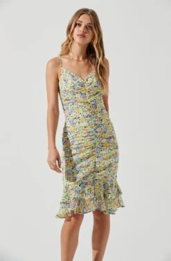 Tawny Floral Ruched Midi Dress -Astr The Label Shop ACDR101129 YELLOWGREENFLORAL 3