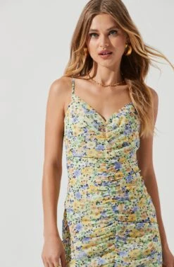 Tawny Floral Ruched Midi Dress -Astr The Label Shop ACDR101129 YELLOWGREENFLORAL 4