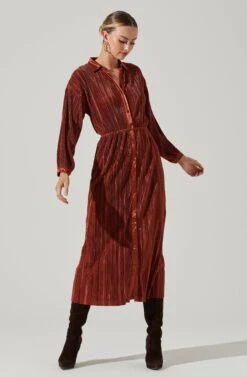 Ferran Plisse Cutout Button Down Long Sleeve Midi Dress -Astr The Label Shop ACDR101330 RUST 10171