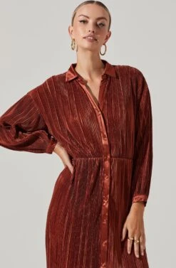 Ferran Plisse Cutout Button Down Long Sleeve Midi Dress -Astr The Label Shop ACDR101330 RUST 10221
