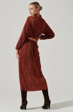 Ferran Plisse Cutout Button Down Long Sleeve Midi Dress -Astr The Label Shop ACDR101330 RUST 10281