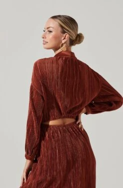 Ferran Plisse Cutout Button Down Long Sleeve Midi Dress -Astr The Label Shop ACDR101330 RUST 10291