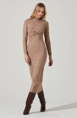 Kenna Mock Neck Twist Front Cutout Midi Dress -Astr The Label Shop ACDR101430 TAUPE 2