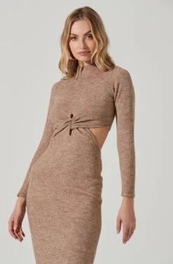 Kenna Mock Neck Twist Front Cutout Midi Dress -Astr The Label Shop ACDR101430 TAUPE 4