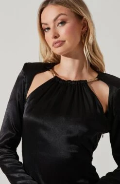 Carina Satin Chain Link Long Sleeve Mini Dress -Astr The Label Shop ACDR101441 BLACK 3