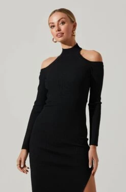 Isara Sweater Choker Shoulder Cutout Midi Dress -Astr The Label Shop ACDR101491 BLACK 3