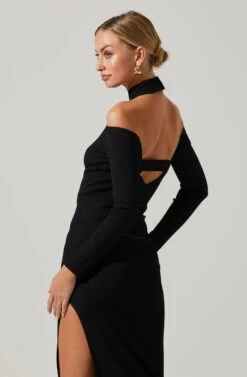 Isara Sweater Choker Shoulder Cutout Midi Dress -Astr The Label Shop ACDR101491 BLACK 4