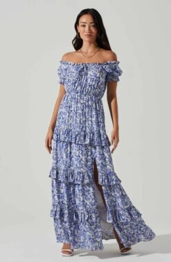 Viona Floral Off Shoulder Tiered Maxi Dress 9 Viona Floral Off Shoulder Tiered Maxi Dress -Astr The Label Shop ACDR101591 BLUEWHITEMULTI 1