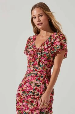 Vilma Floral Ruched Midi Dress -Astr The Label Shop ACDR101621 REDMULTIFLORAL 3