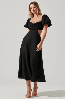 Winley Puff Sleeve Cutout Midi Dress -Astr The Label Shop ACDR101685 BLACK 1