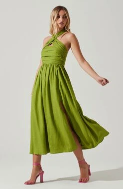 Zaria Pleated Halter Midi Dress -Astr The Label Shop ACDR101778 AVOCADO 2