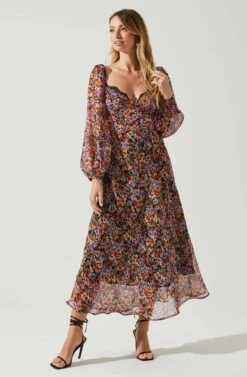 Sylvie Floral Puff Sleeve Midi Dress -Astr The Label Shop ACDR101889 ORANGEPURPLEFLORAL 2