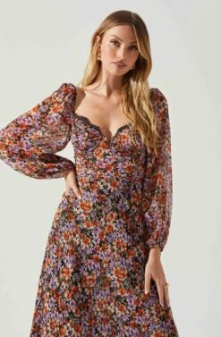 Sylvie Floral Puff Sleeve Midi Dress -Astr The Label Shop ACDR101889 ORANGEPURPLEFLORAL 4