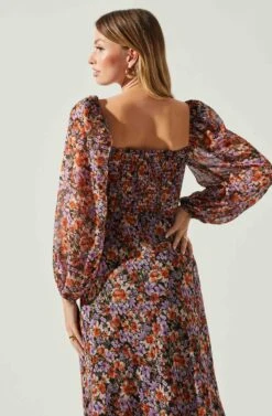 Sylvie Floral Puff Sleeve Midi Dress -Astr The Label Shop ACDR101889 ORANGEPURPLEFLORAL 5