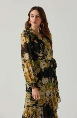 Kamila Long Sleeve Floral Wrap Maxi Dress -Astr The Label Shop ACDR101894 BLACKYELLOWMULTI 4