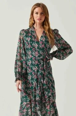Kamila Long Sleeve Floral Wrap Maxi Dress -Astr The Label Shop ACDR101894 GREENPINKFLORAL 4