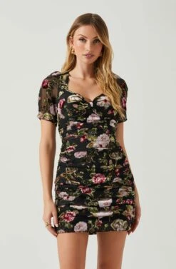 Elandra Floral Burnout Puff Sleeve Mini Dress -Astr The Label Shop ACDR101928SH BLACKREDFLORAL 4