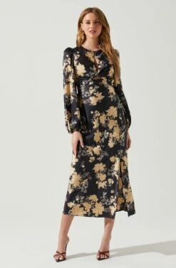 Suzy Floral Satin Front Cutout Midi Dress -Astr The Label Shop ACDR101971 BLACKCREAMFLORAL 1