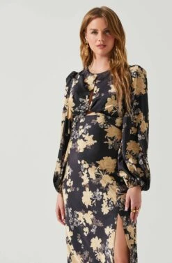 Suzy Floral Satin Front Cutout Midi Dress -Astr The Label Shop ACDR101971 BLACKCREAMFLORAL 4