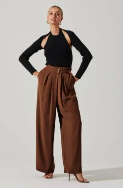 Boyfriend Criss Cross Pleated Wide Leg Pants 36 Boyfriend Criss Cross Pleated Wide Leg Pants -Astr The Label Shop ACP7225 BROWN 1 2