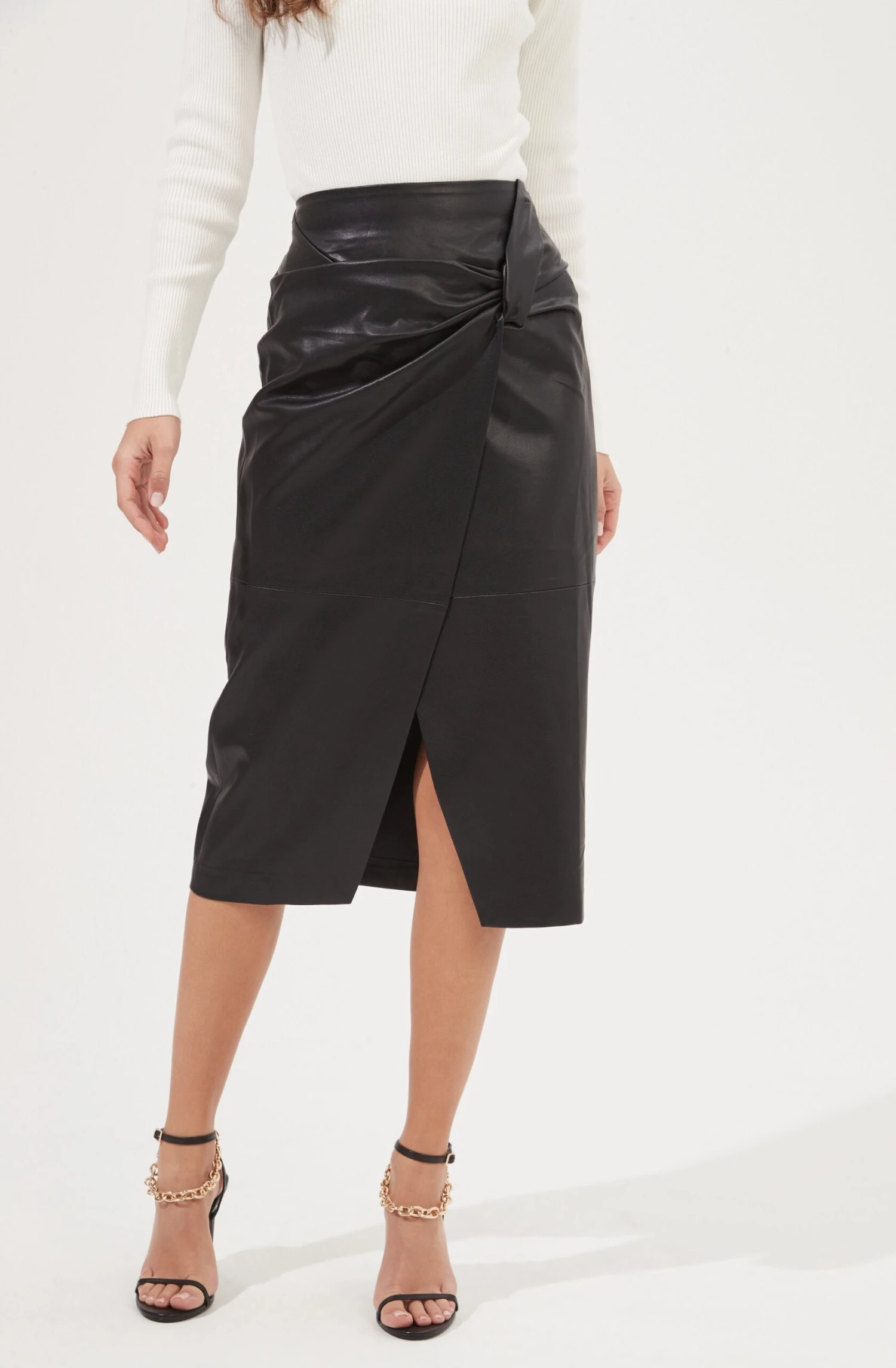 Kari Faux Leather Twist Front Midi Skirt 4 Kari Faux Leather Twist Front Midi Skirt - Image 2