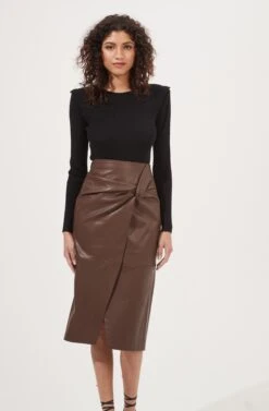 Kari Faux Leather Twist Front Midi Skirt 18 Kari Faux Leather Twist Front Midi Skirt -Astr The Label Shop ACS9076 BROWN 2