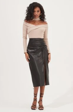 Alondra Ruched Faux Leather Midi Skirt -Astr The Label Shop ACS9082 BLACK 1