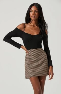 Alessa Cold Shoulder Long Sleeve Bodysuit -Astr The Label Shop ACS9107 BROWNBLACK 0654