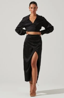 Loretta Satin Wrap Front Midi Skirt -Astr The Label Shop ACS9111VR BLACK 2
