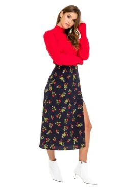 Button Side Slit Midi Skirt -Astr The Label Shop ACS923B NAVY CHERRY PRINT 02
