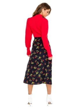 Button Side Slit Midi Skirt -Astr The Label Shop ACS923B NAVY CHERRY PRINT 03
