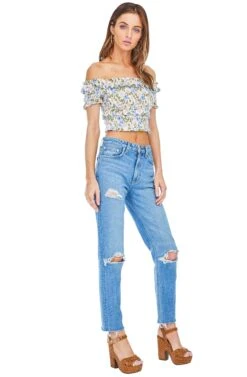 Tori Off Shoulder Crop Top -Astr The Label Shop ACT13350 BLUE PINK FLORAL 02