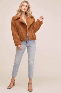 Faux Shearling Moto Jacket -Astr The Label Shop ACT13878 CARAMEL 2