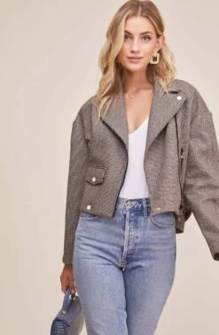 Boxy Woven Moto Jacket -Astr The Label Shop ACT15082 GREY WHITE COMBO 2