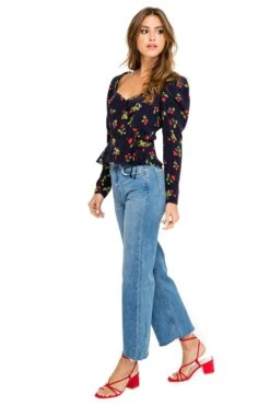 Long Sleeve Sweetheart Wrap Front Top 10 Long Sleeve Sweetheart Wrap Front Top -Astr The Label Shop ACT15390 NAVY CHERRY PRINT 03