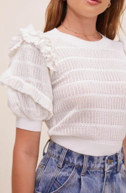 Sonora Pointelle Puff Sleeve Sweater -Astr The Label Shop ACT16540 WHITE 4