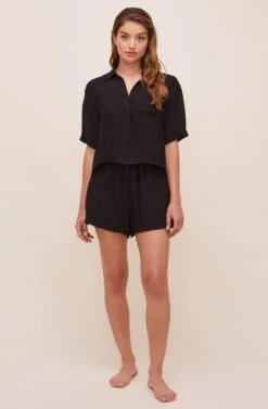 Chrysanthe Short Sleeve Button Up Top 24 Chrysanthe Short Sleeve Button Up Top -Astr The Label Shop ACT16584 BLACK 1