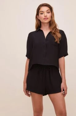 Chrysanthe Short Sleeve Button Up Top 19 Chrysanthe Short Sleeve Button Up Top -Astr The Label Shop ACT16584 BLACK 3