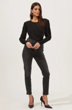 Beckinsale Draped Long Sleeve Bodysuit -Astr The Label Shop ACT16782 BLACK 1