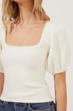 Sweet Life Faux Pearl Trimmed Puff Sleeve Sweater -Astr The Label Shop ACT16787 WHITE 2