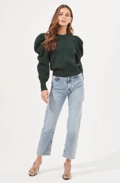Nicola Metallic Puff Sleeve Sweater -Astr The Label Shop ACT16866 DARKGREEN 1