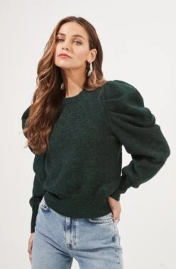 Nicola Metallic Puff Sleeve Sweater -Astr The Label Shop ACT16866 DARKGREEN 3