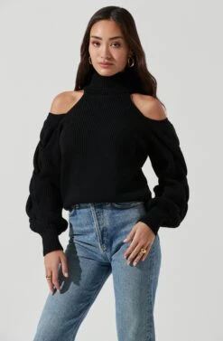 Rhoswen Cold Shoulder Cutout Turtleneck Sweater -Astr The Label Shop ACT16873 BLACK 1522